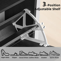 Shoe cabinet interior showing removable adjustable shelf inside flip drawer compartment