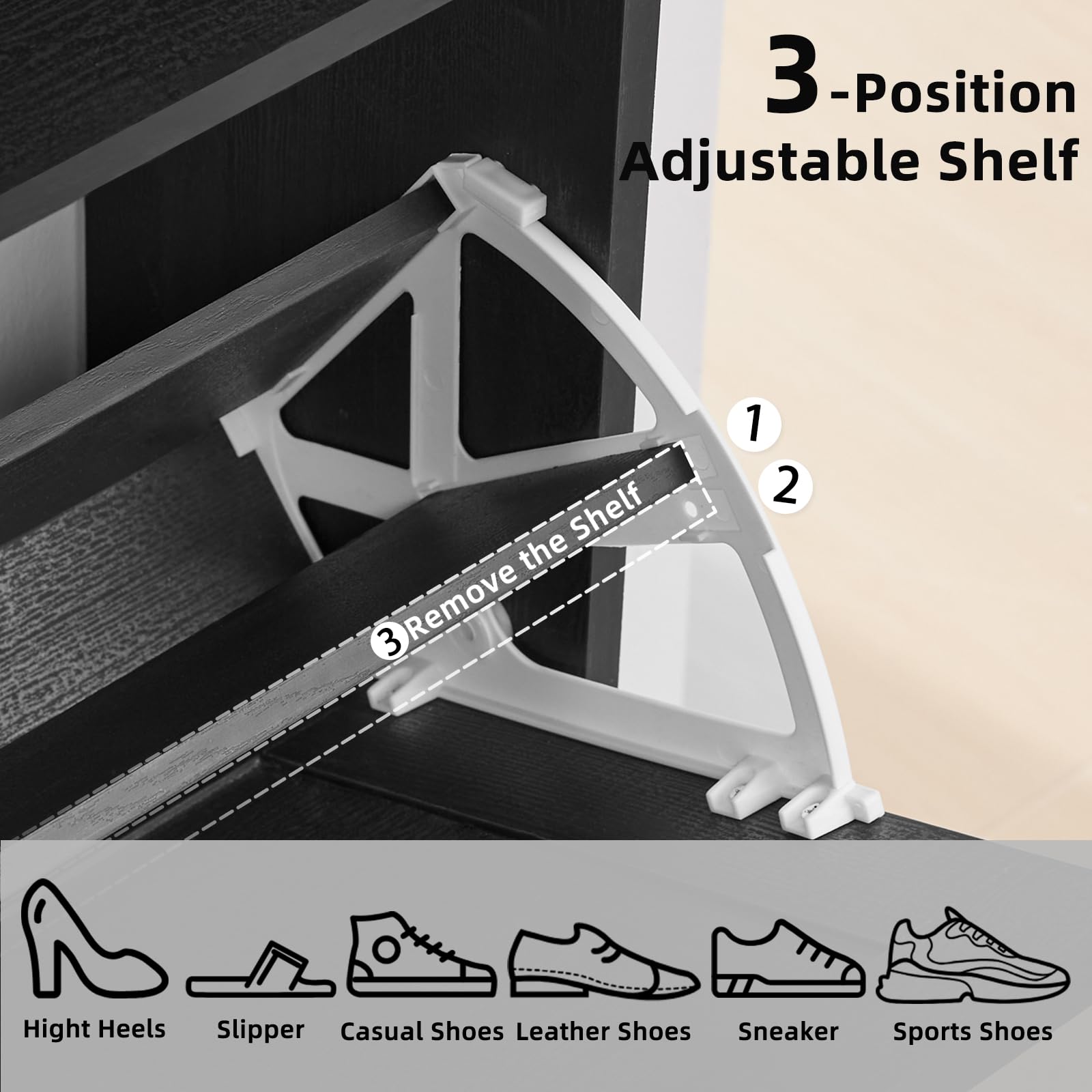 White shoe cabinet open with flip drawer and adjustable shelf supports
