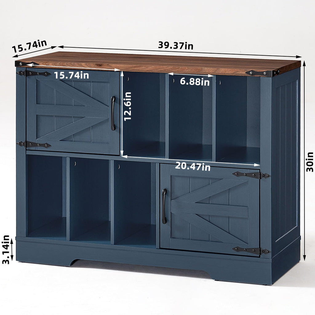 Navy blue record player cabinet with open vinyl storage and double barn-door style doors.