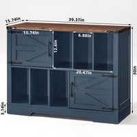 Navy blue record player cabinet with open cubbies, barn doors, and vinyl storage