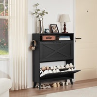 Black shoe storage cabinet with two flip drawers and open lower rack for shoes