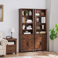 Brown tall bookcase with adjustable shelves, open compartments, and lower drawer storage