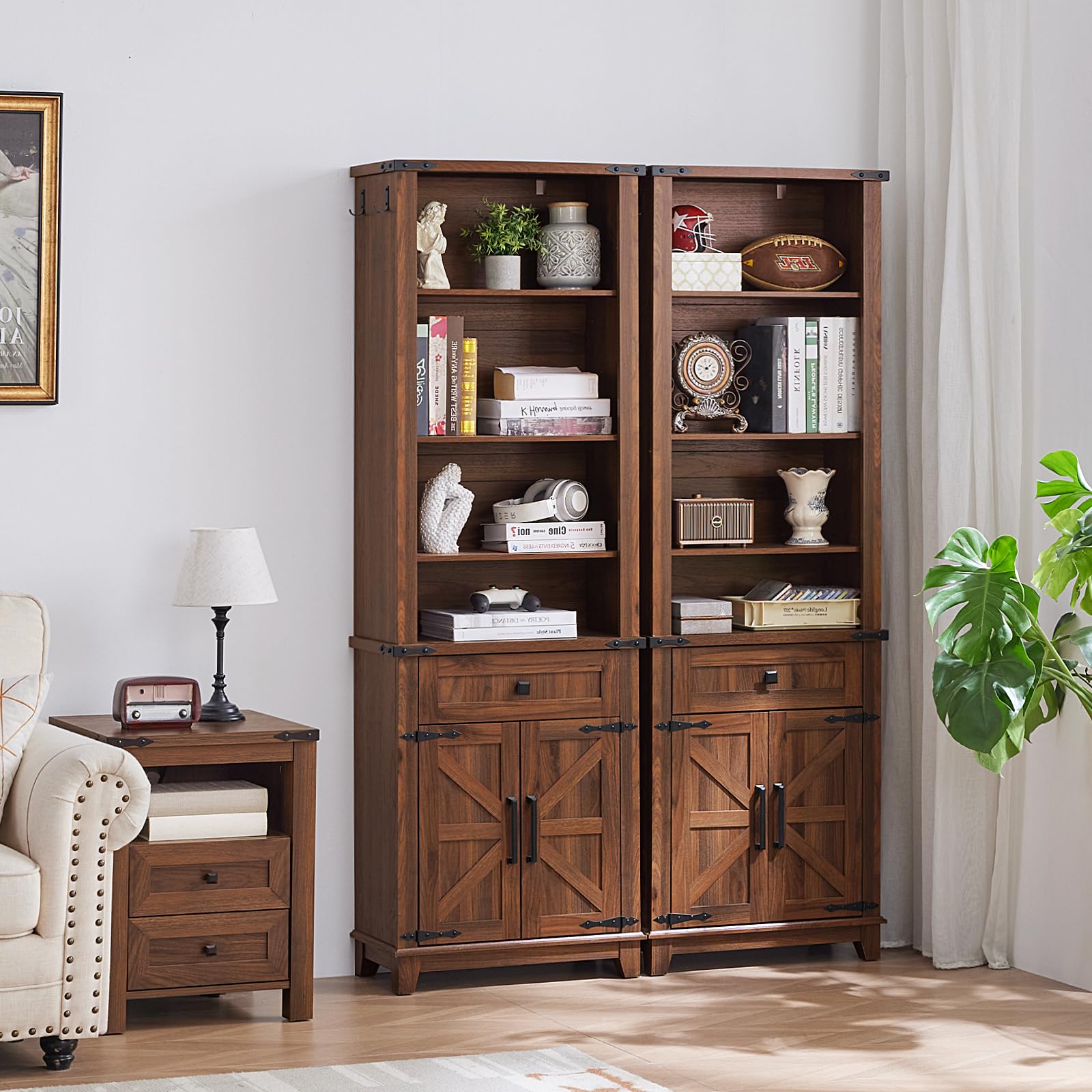 Brown wood bookcase with open shelves, cabinet doors, and lower drawers