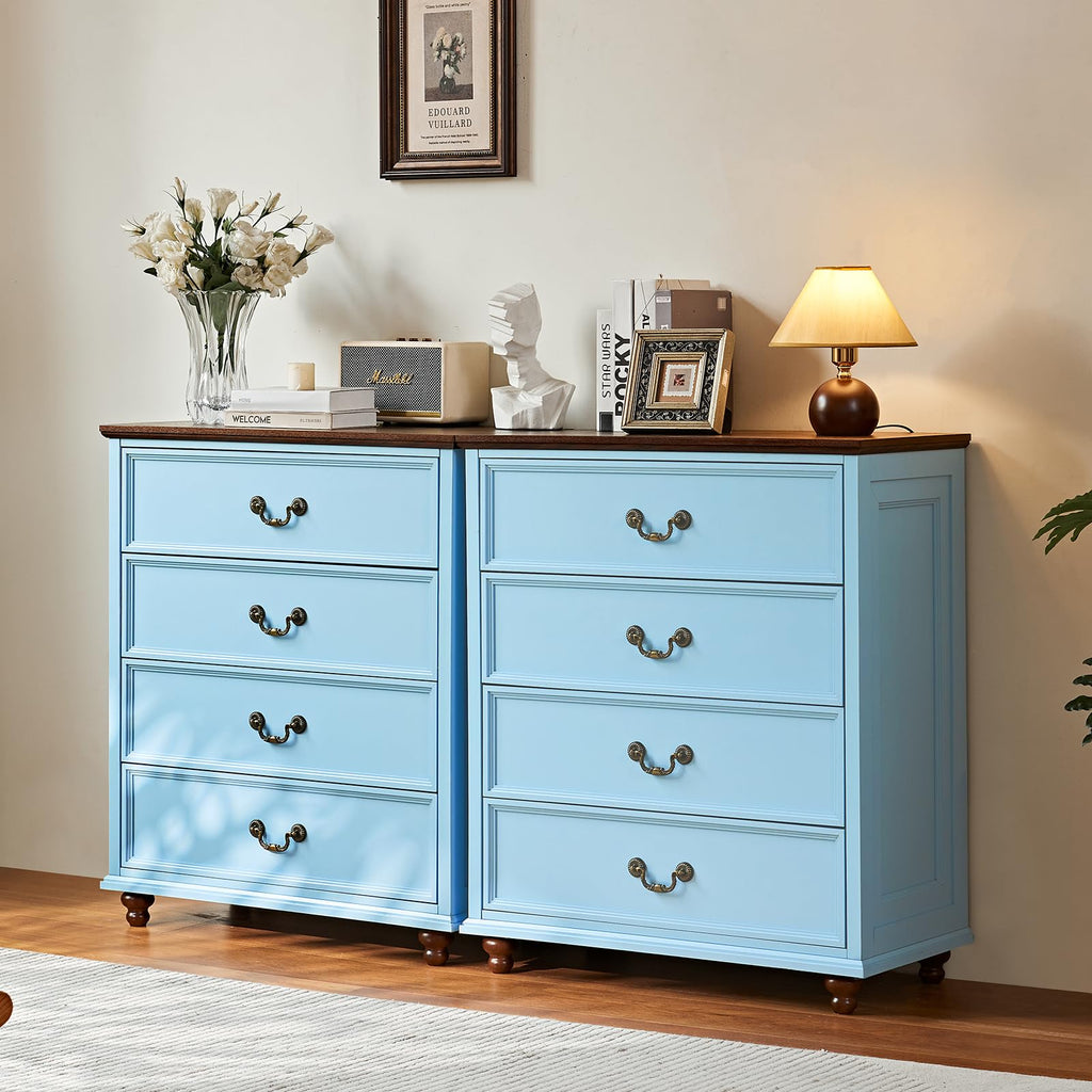 Blue dresser set with 8 drawers and antique brass curved drawer handles