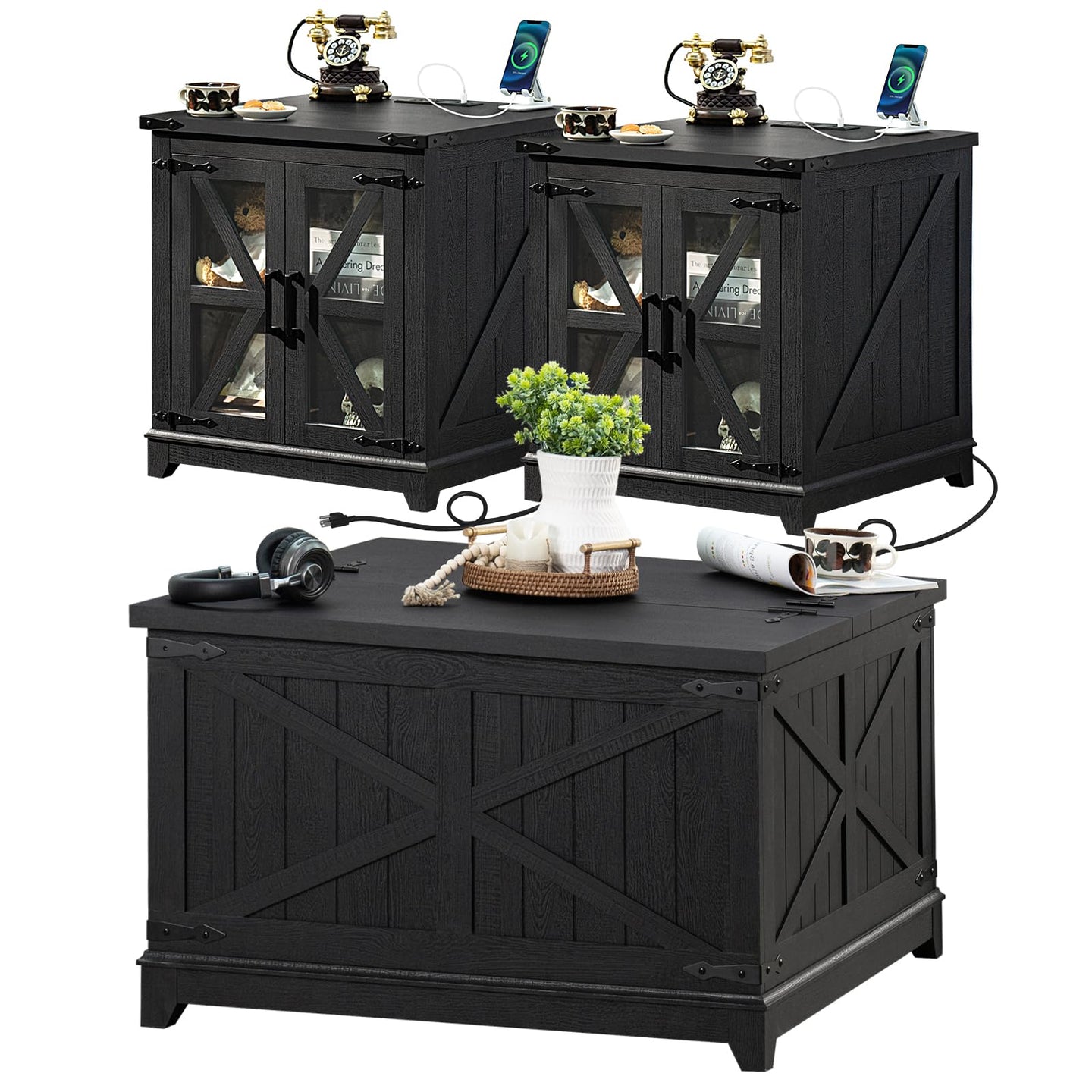 Black wood 3-piece farmhouse table set with lift-top coffee table and side cabinets