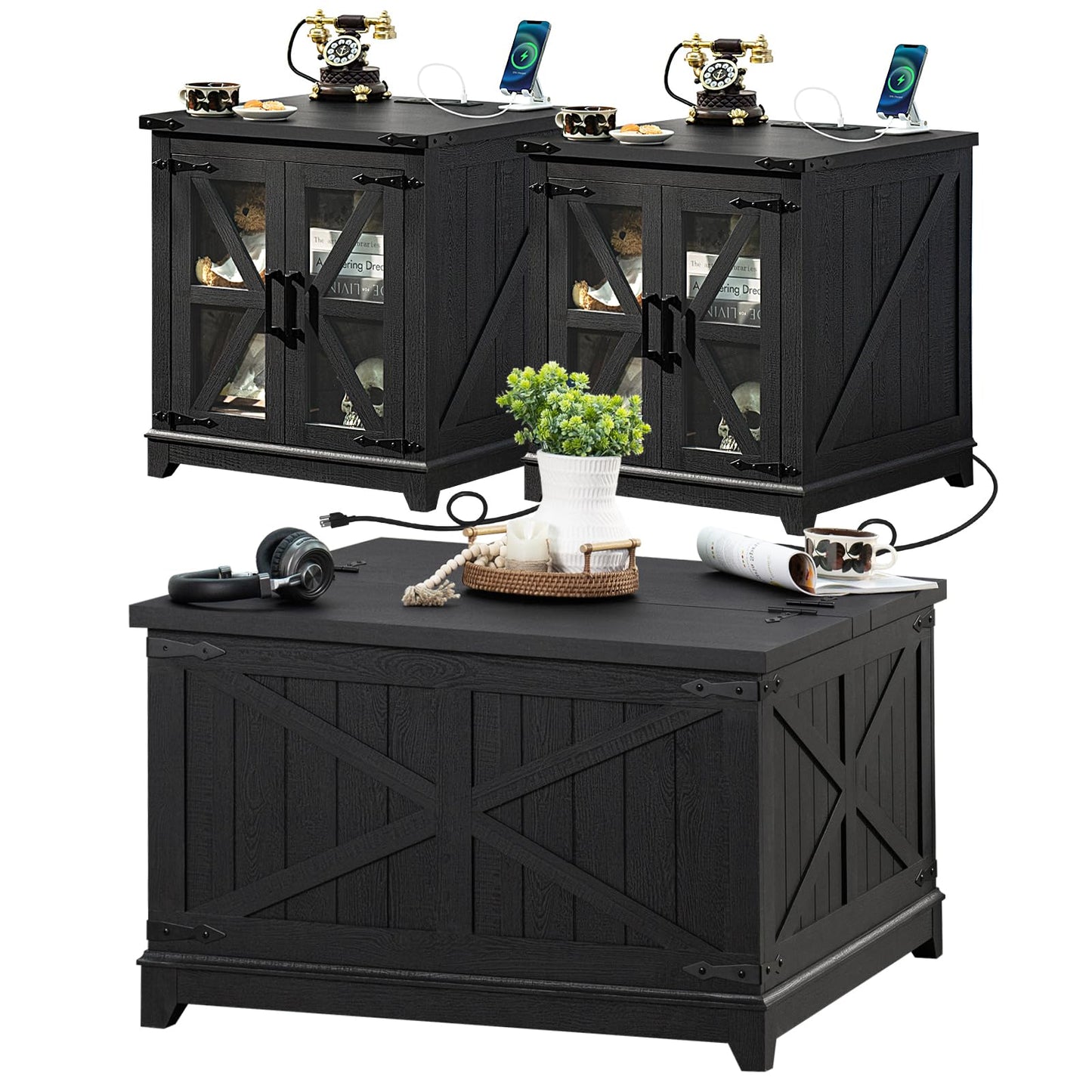 Black wood 3-piece farmhouse table set with lift-top coffee table and side cabinets