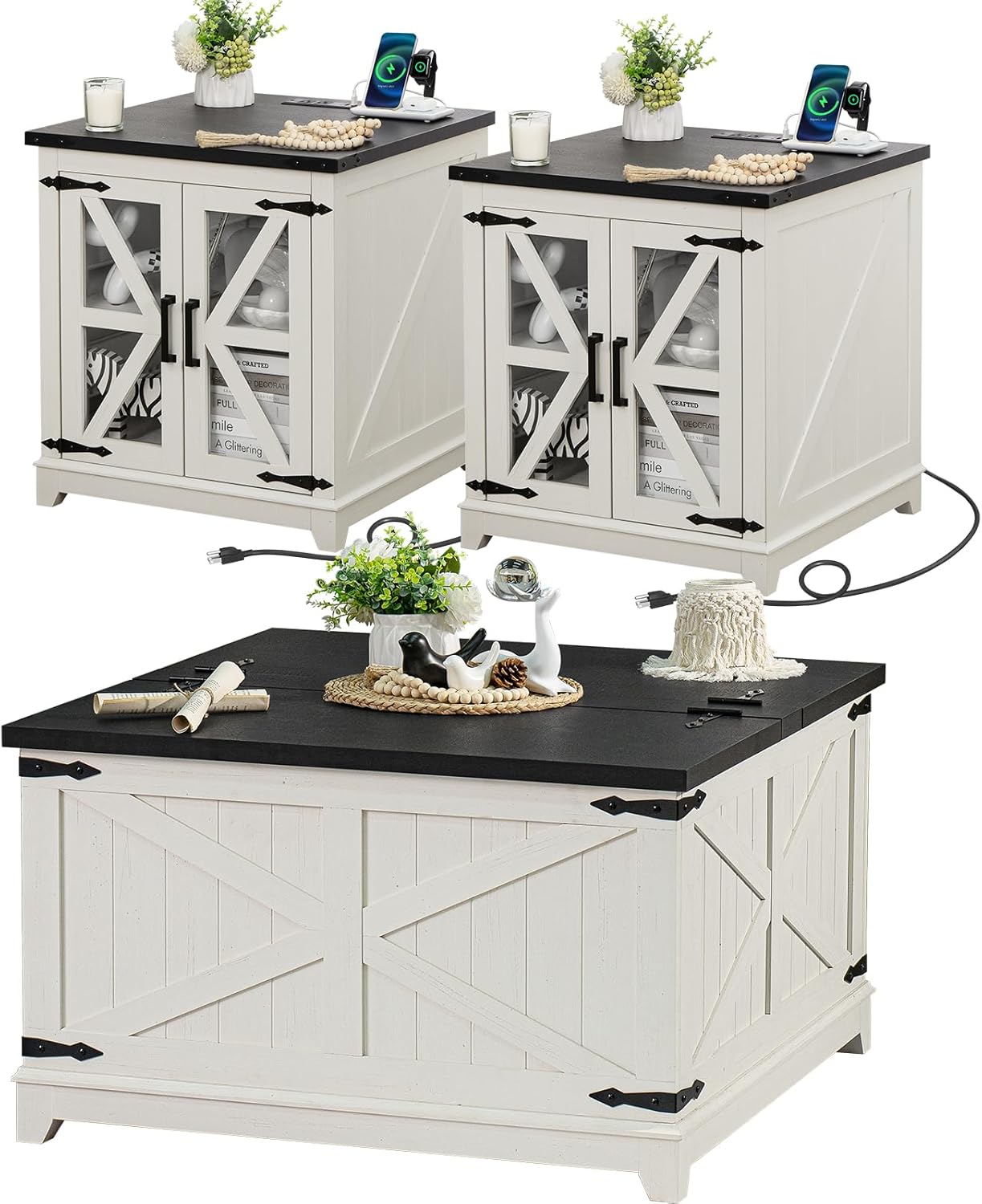 Farmhouse Coffee Table Sets 3 Pieces, Large End Side Tables with Charging Station and Coffee Table with Hidden Storage Compartment, White Living Room Table Set, Wood Furniture Sets for Home Office