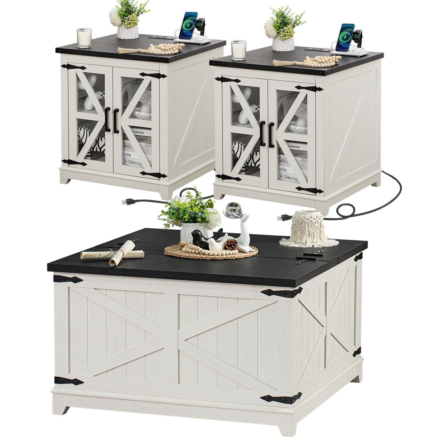 White wood coffee table set with flip-up storage top and charging cable on side tables.
