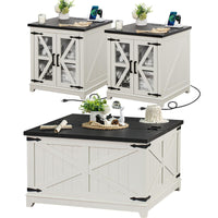 White wood coffee table set with flip-up storage top and charging cable on side tables.