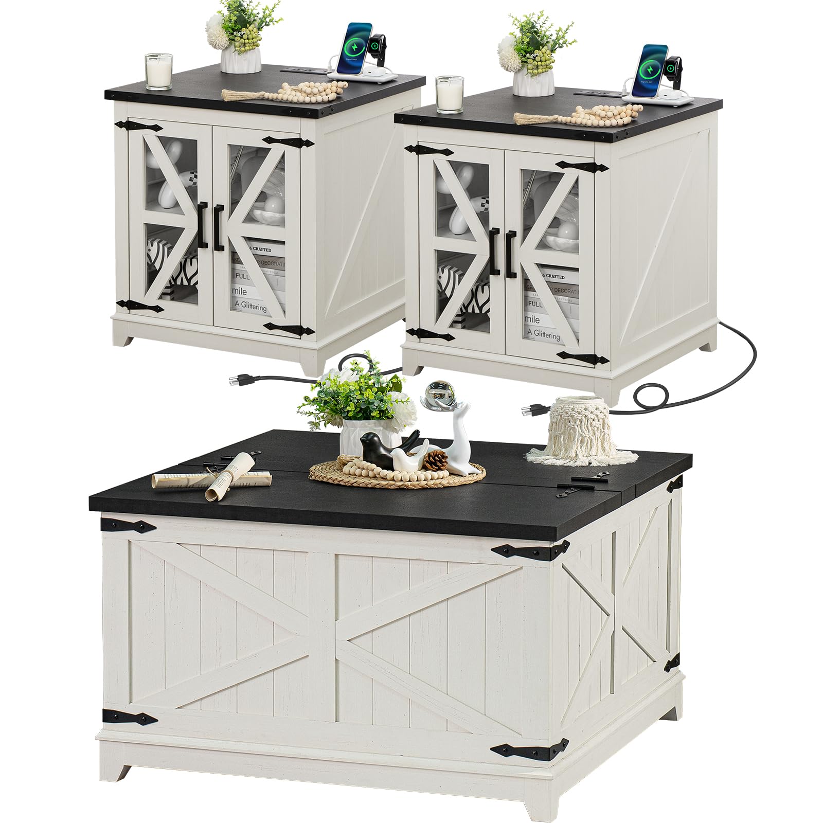 White wood coffee table set with flip-up storage top and charging cable on side tables.