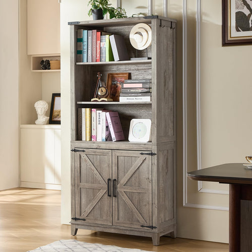 Gray wood tall bookcase with open shelves and barn-style cabinet doors