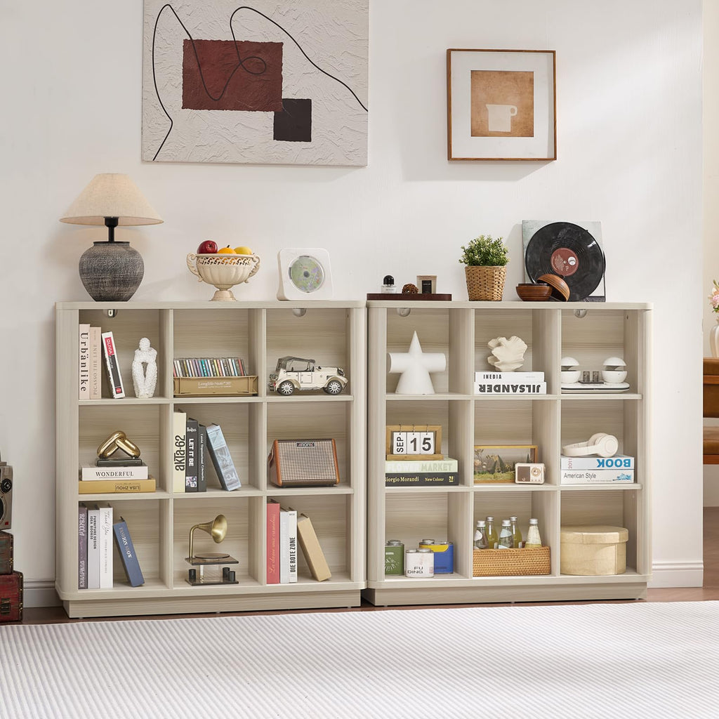 Light cream 8-cube horizontal storage book shelf with open cubbies and low base