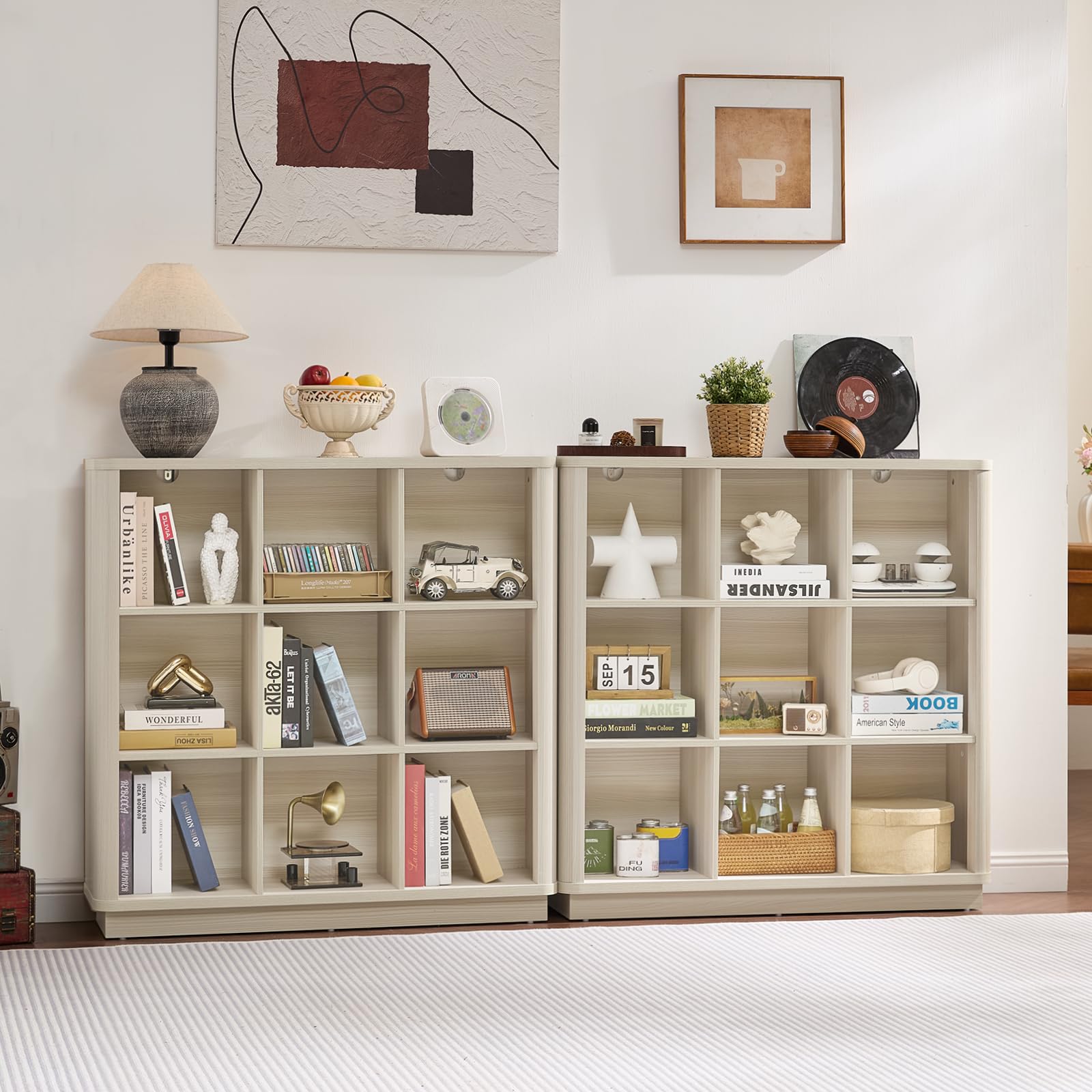 Light cream 8-cube horizontal storage book shelf with open cubbies and low base