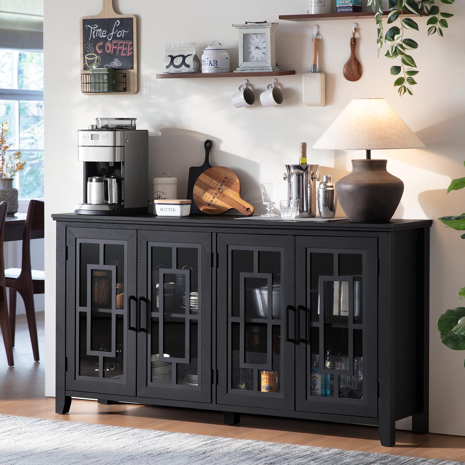 Farmhouse sideboard cabinet with four glass doors, dark gray/black finish, and storage