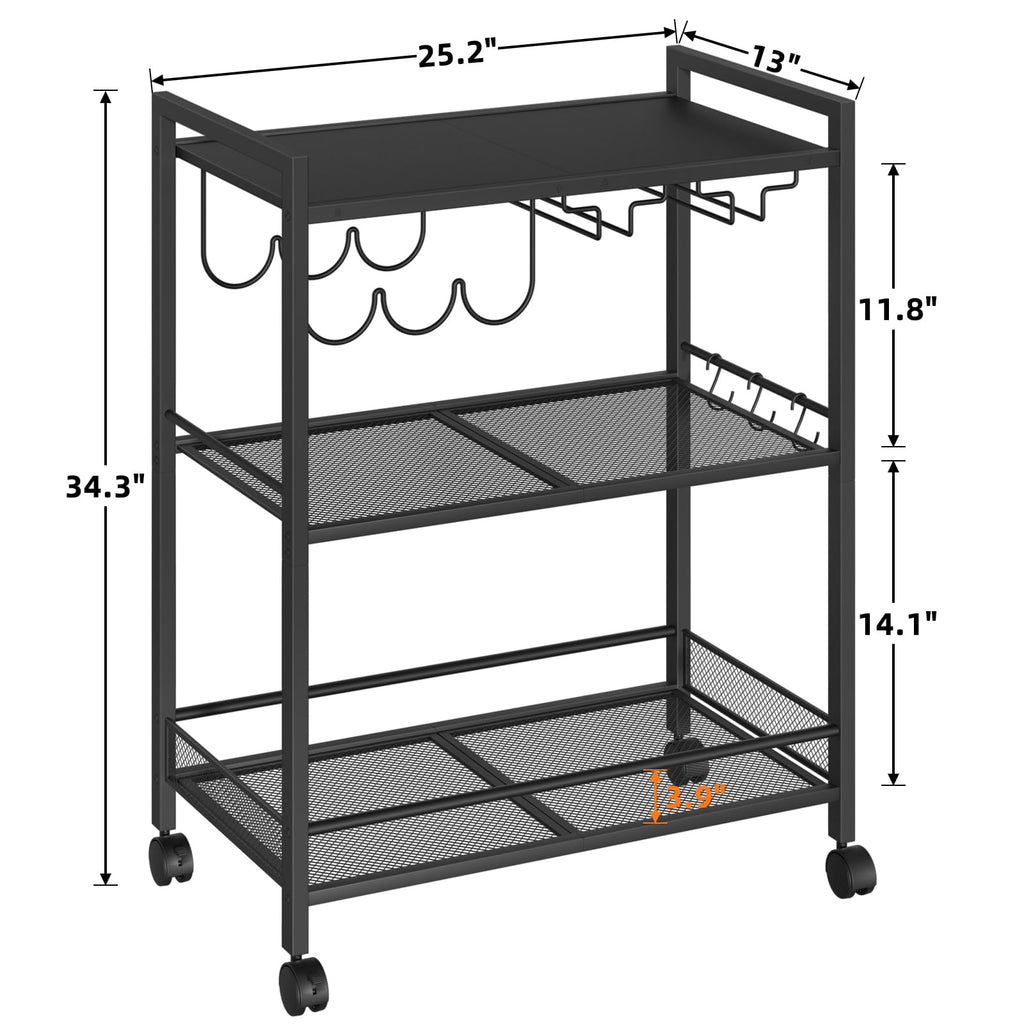 Black bar cart with three-tier shelves, hanging wine hooks, and caster wheels