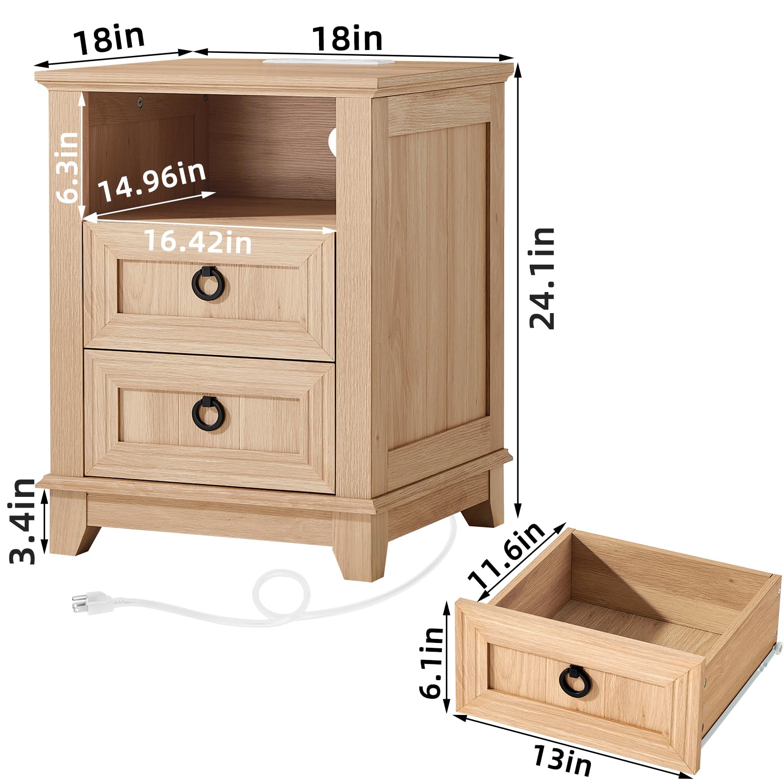 Light wood nightstand cabinet with 2 drawers and round metal pulls, side view.