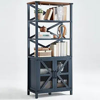 Navy blue 5-tier bookcase with open shelves and X-braced barn-door cabinet
