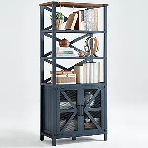 Navy blue 5-tier bookcase with open shelves and X-braced barn-door cabinet