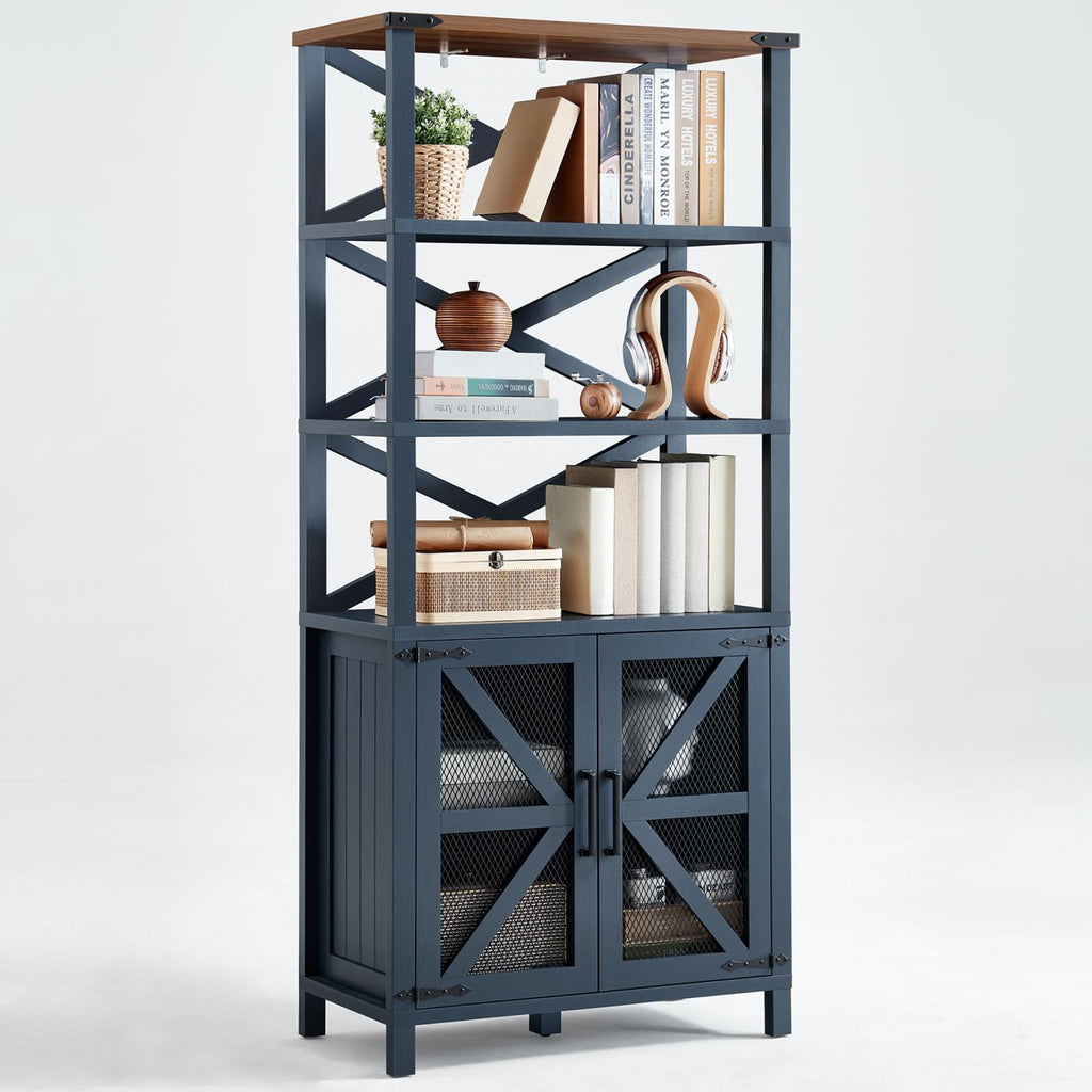 Navy tall bookshelf with wood top, open shelves, and mesh X-pattern door cabinet