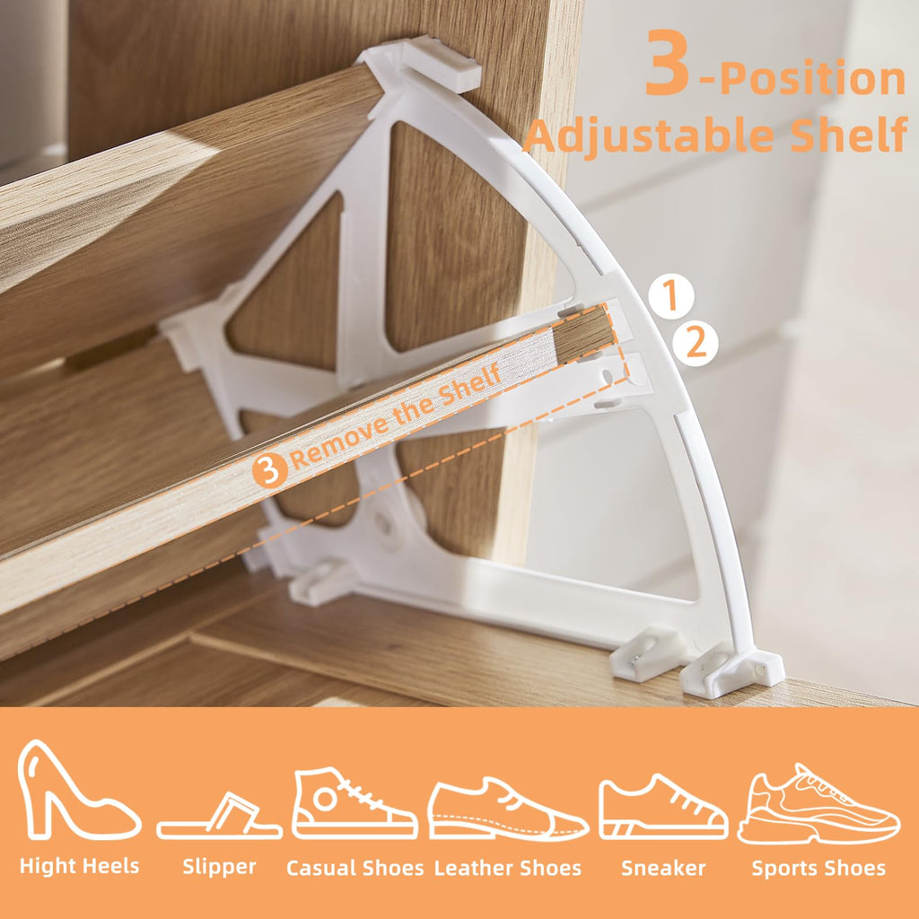 Adjustable shelf inside navy shoe cabinet with 3-position rail supports