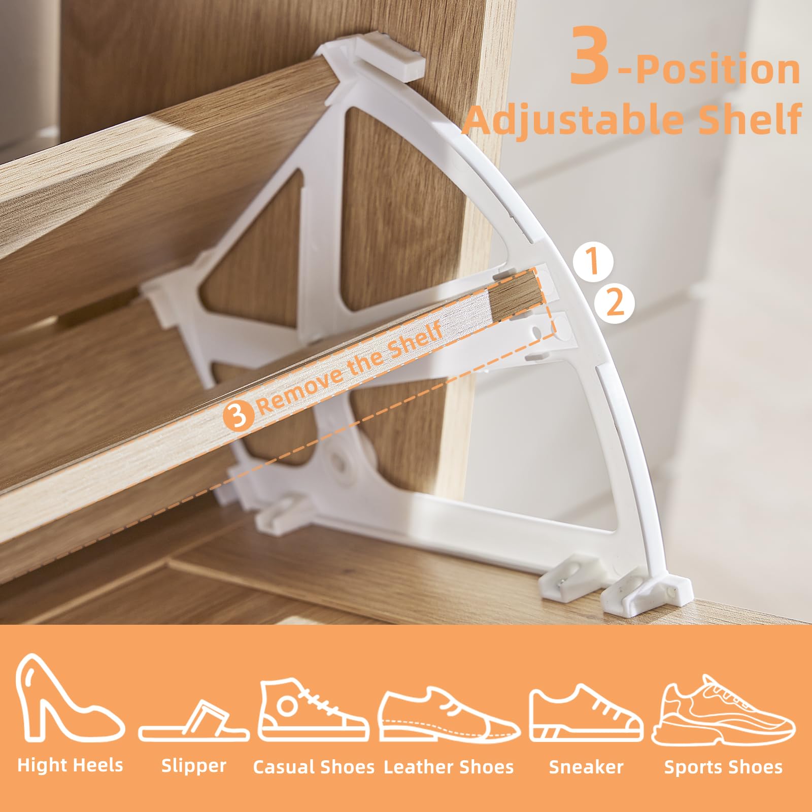 Adjustable shelf inside navy shoe cabinet with 3-position rail supports