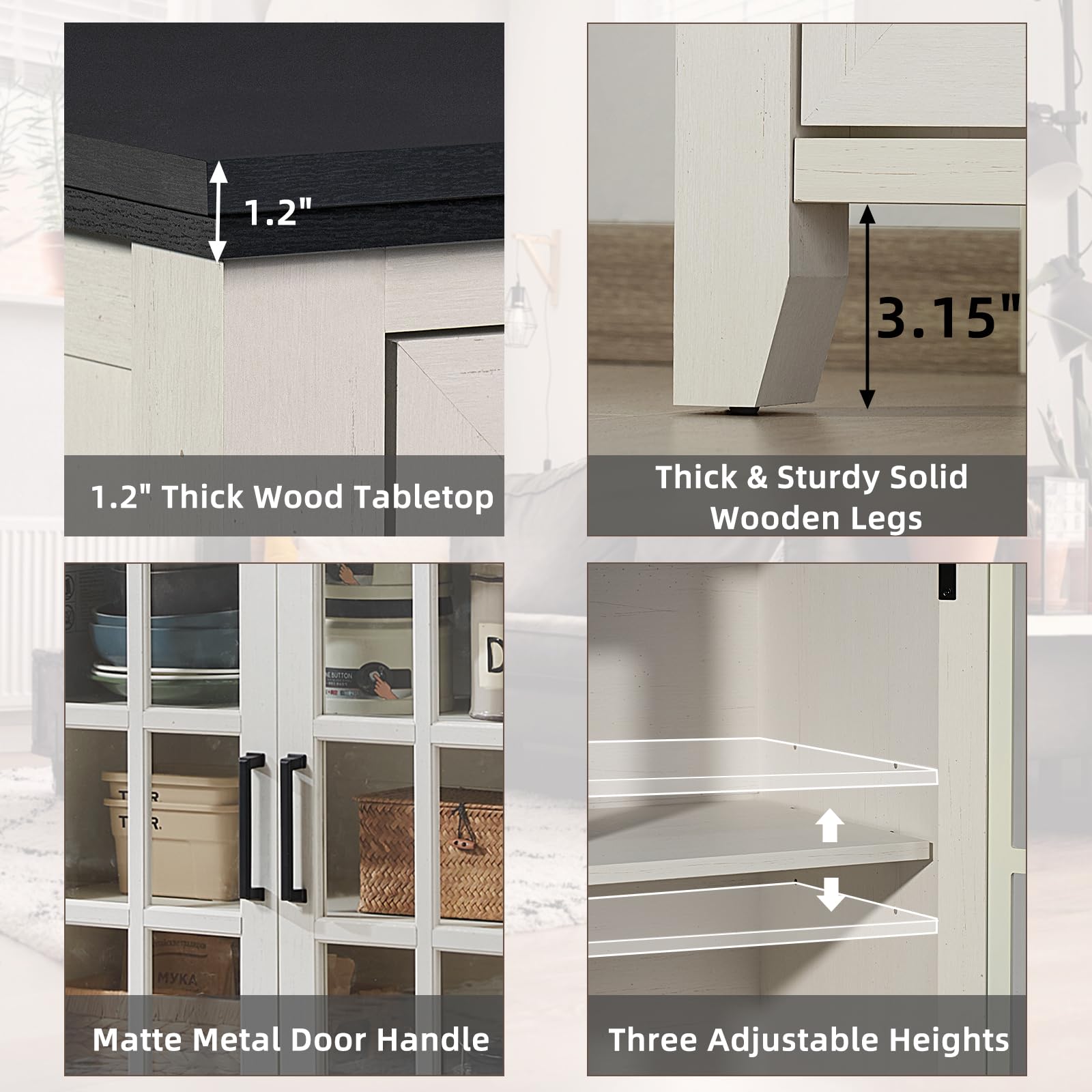 White cabinet features: thick wood top, matte metal handles, three adjustable shelves