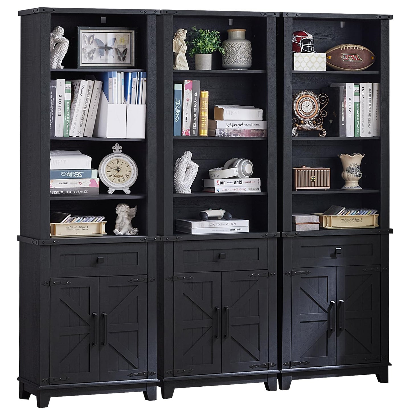 Black bookcase cabinet with open shelves, drawers, and barn-style panel doors
