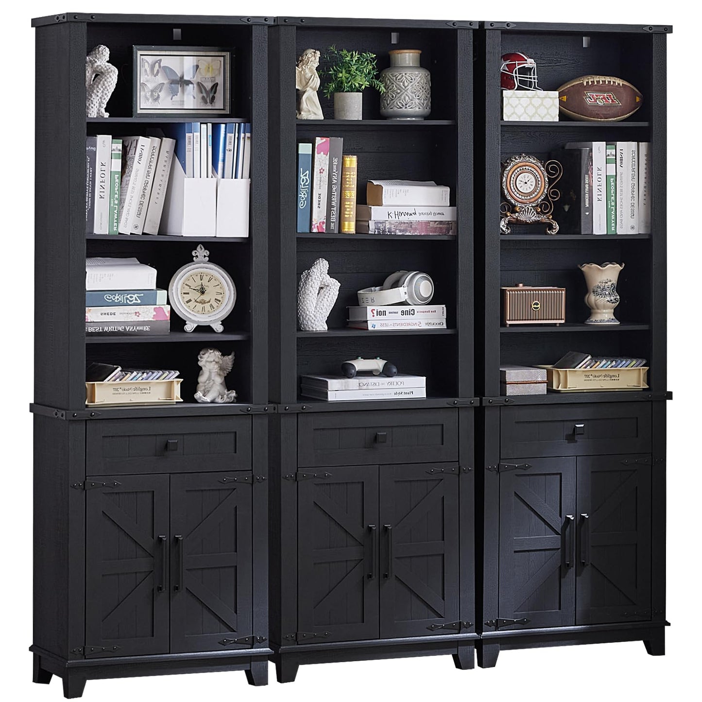 Black bookcase cabinet with open shelves, drawers, and barn-style panel doors
