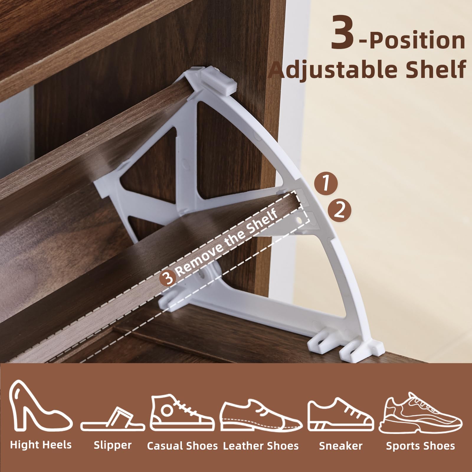 Shoe storage cabinet with 3-position adjustable shelf and white anti-tip feet supports