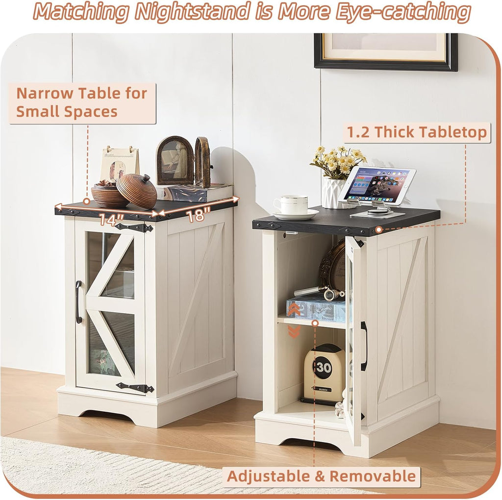 White narrow nightstand cabinet with black tabletop and glass door storage