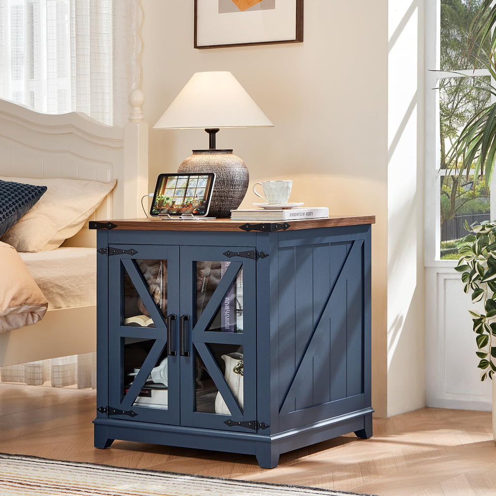 Farmhouse end table with glass barn doors, blue cabinet with X-style braces.