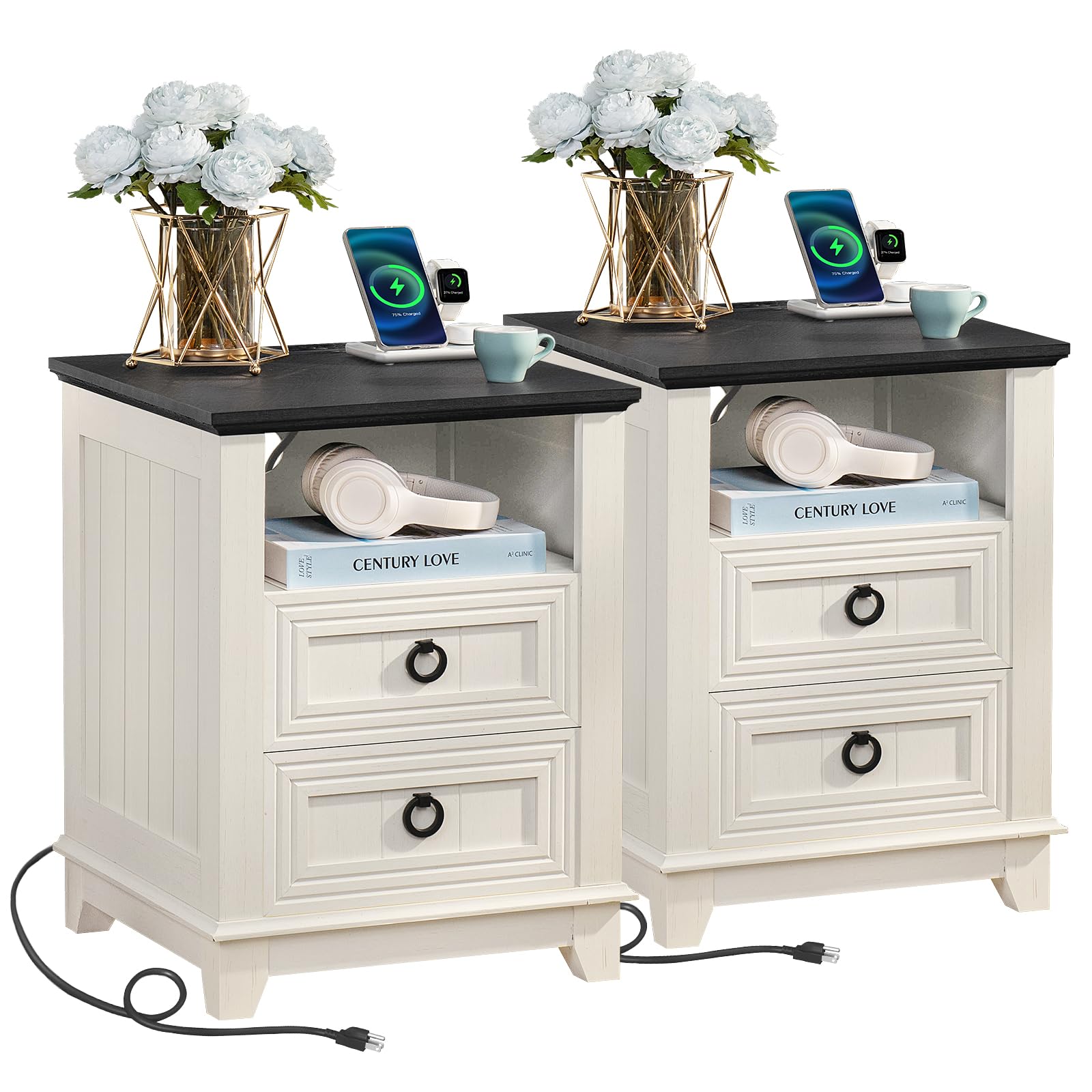 White farmhouse nightstand set of 2 with three drawers and round metal handles