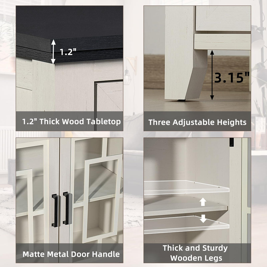 White sideboard cabinet closeups showing thick wood top, metal handles, and adjustable shelves