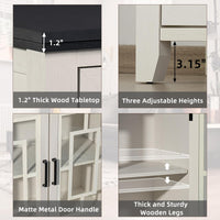 White sideboard cabinet detail view: thick wood top, matte metal handles, adjustable shelves.