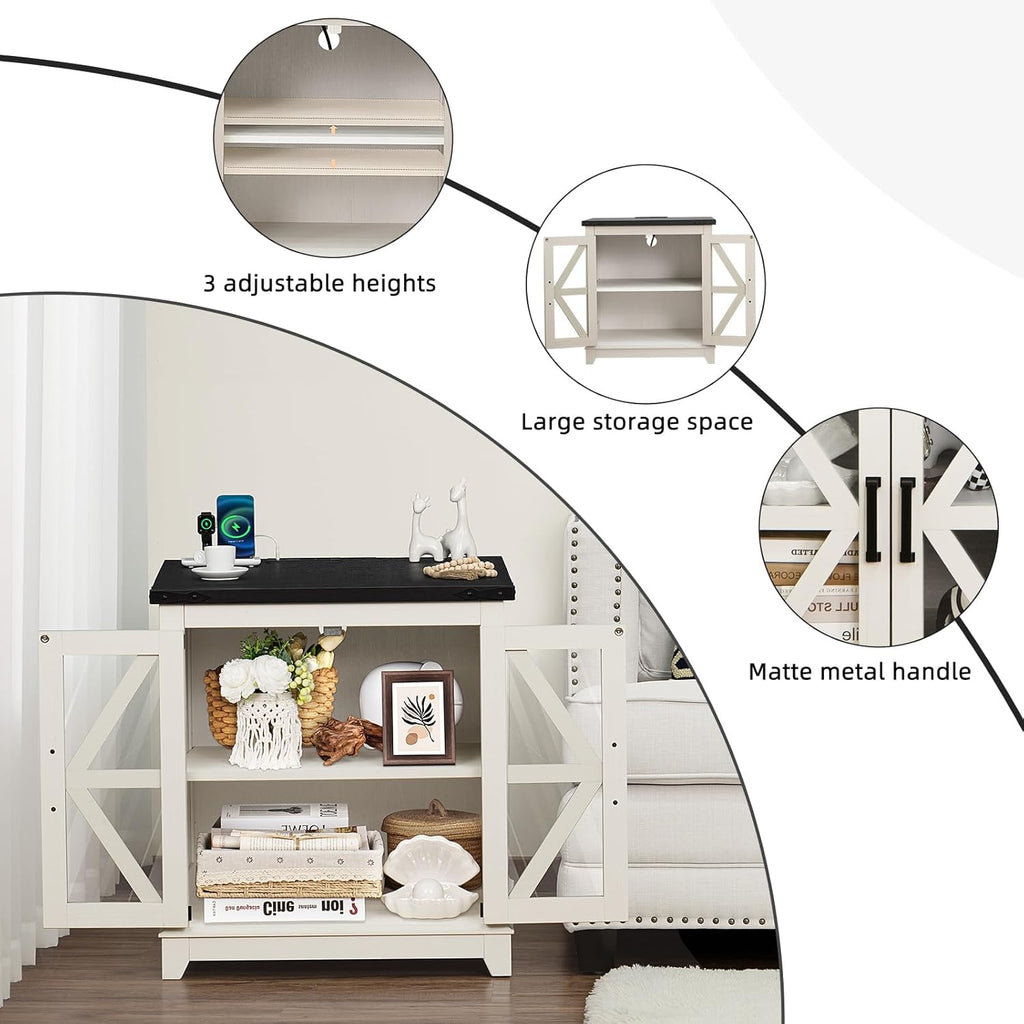 White end table with open storage shelves and adjustable height settings