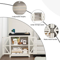 White farmhouse end table with adjustable shelves and matte metal handle