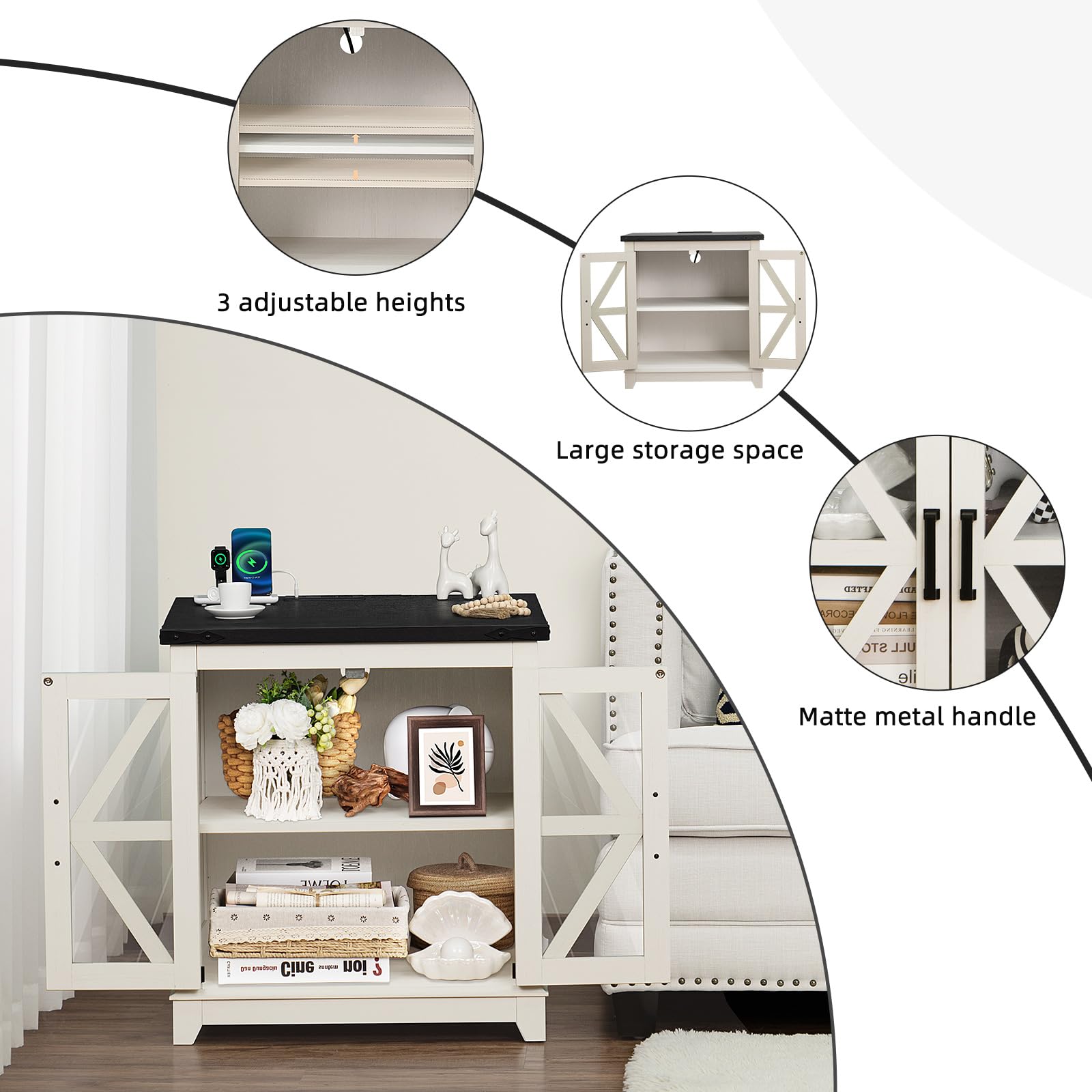 White farmhouse end table with adjustable shelves and matte metal handle