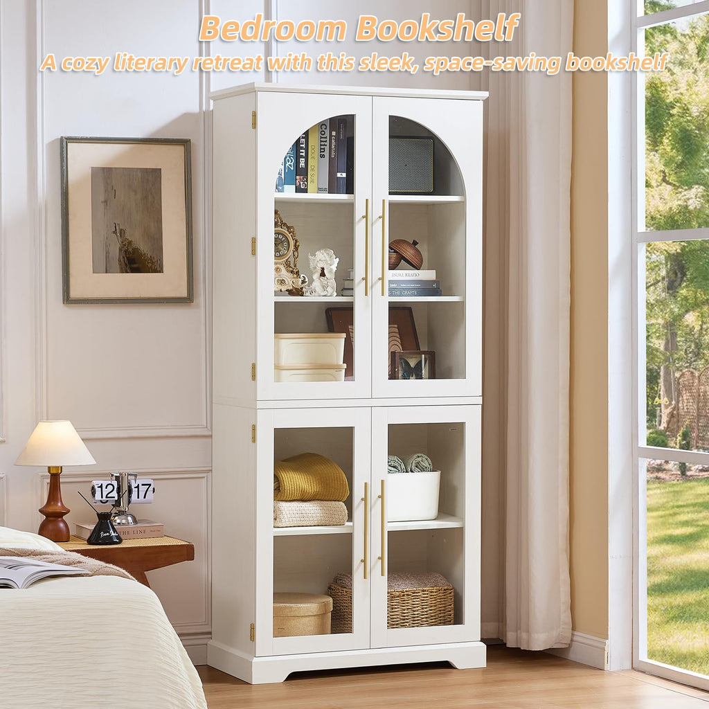 Tall display cabinet with curved glass doors and adjustable shelves, white frame