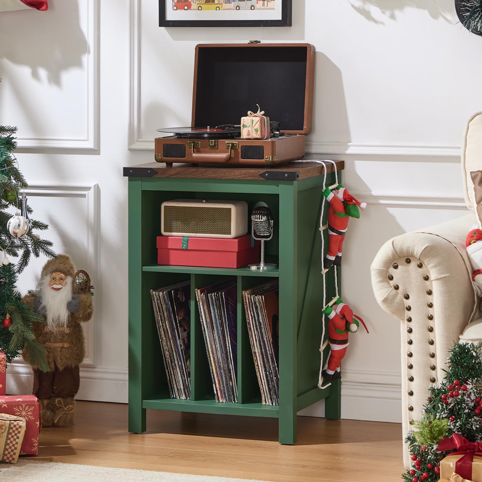 Record player stand with green cabinet and open shelf holding vinyl records