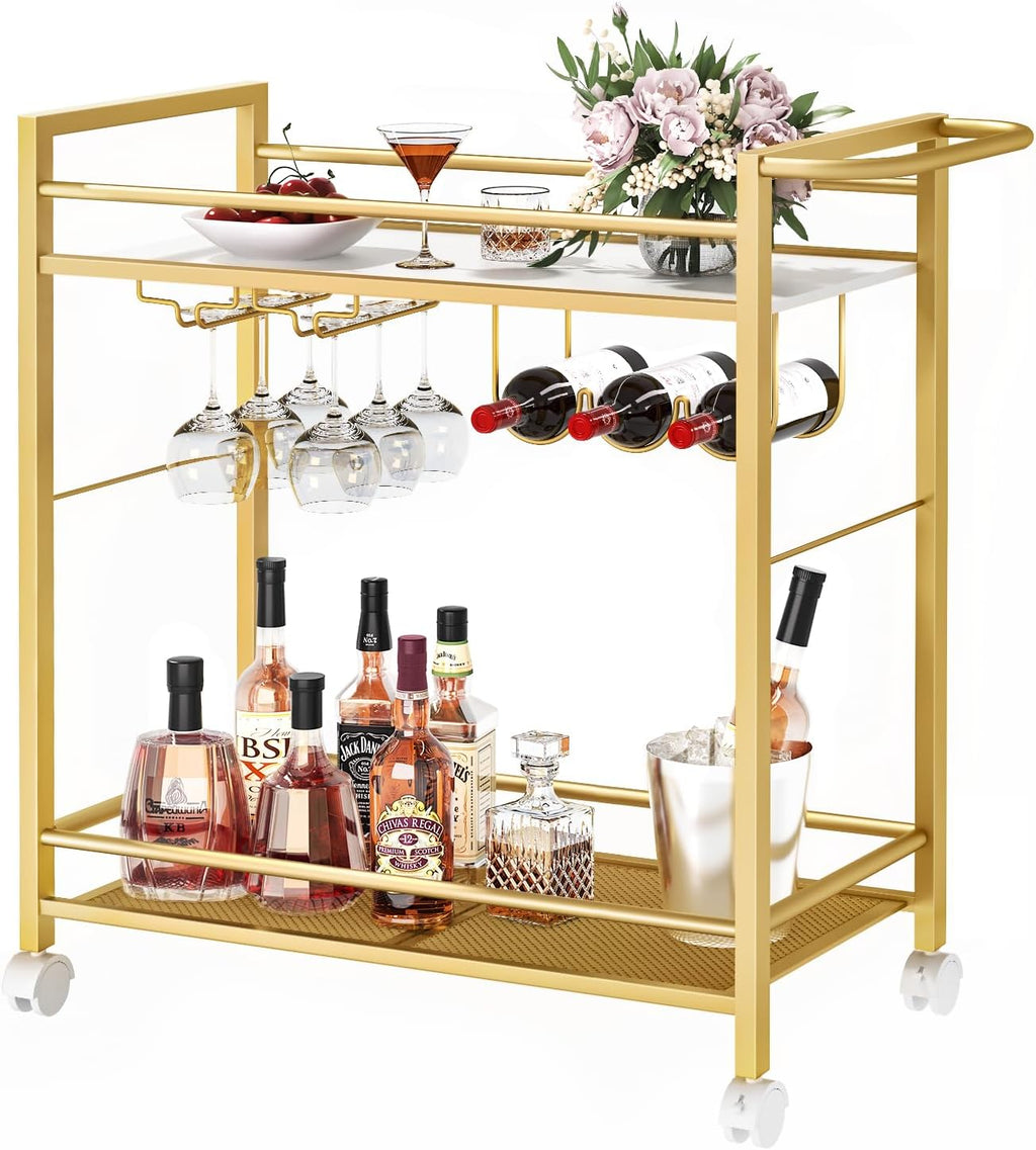 Gold rolling bar cart with two open shelves, wine rack, and hanging stemware holders.