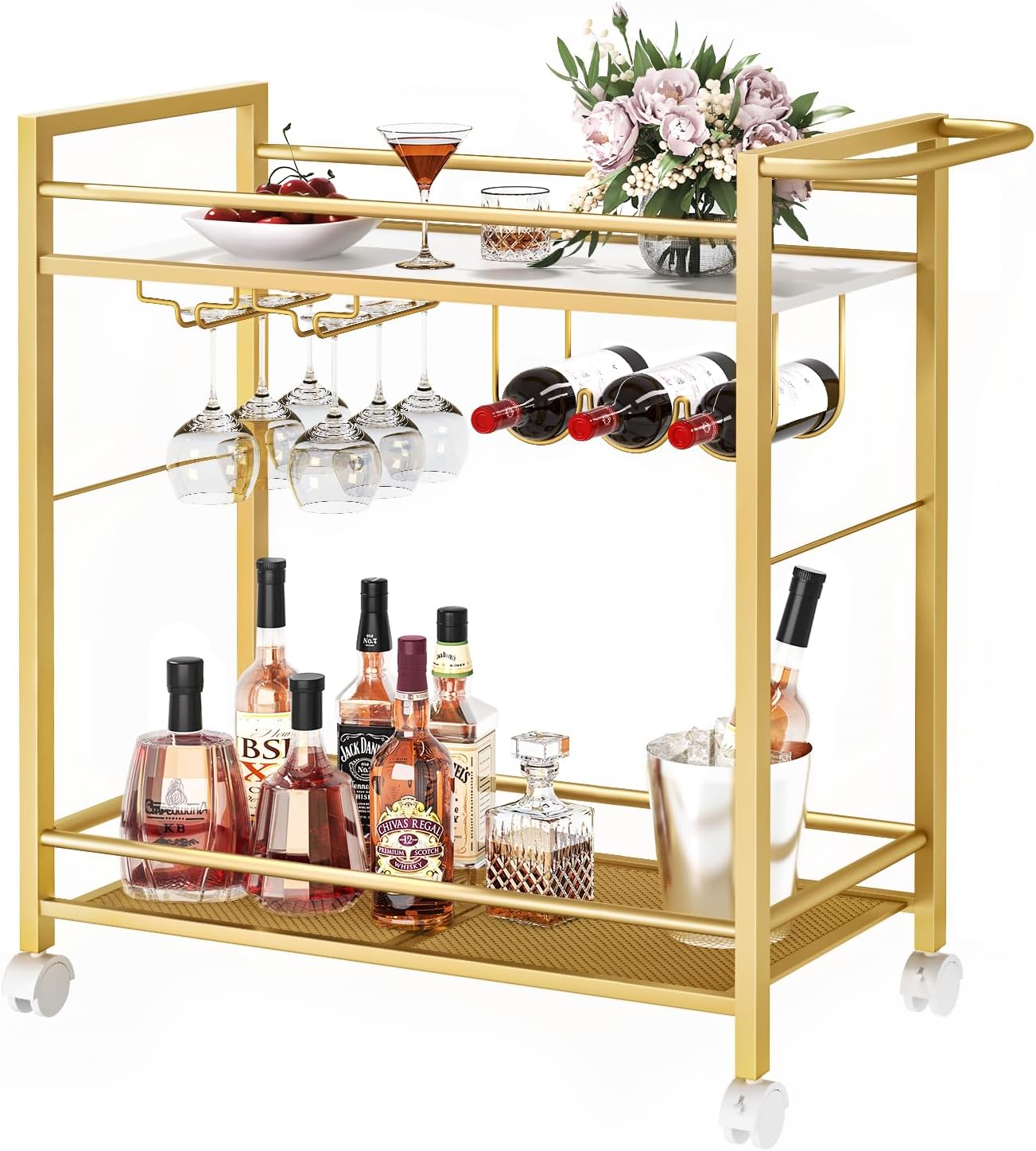 Gold rolling bar cart with two open shelves, wine rack, and hanging stemware holders.