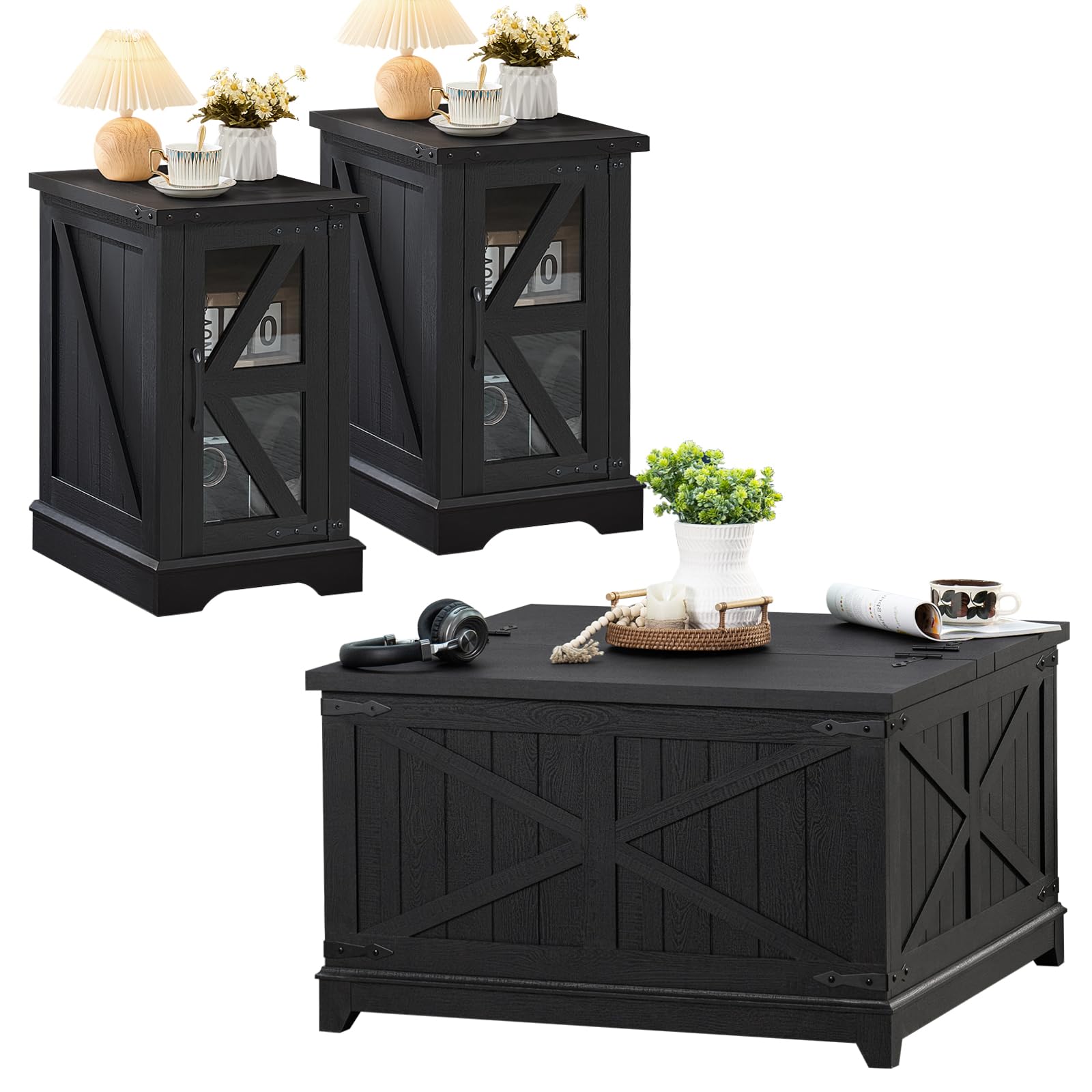 Farmhouse Coffee Table Sets 3 Pieces, Narrow Night Stand with Glass Barn Door Storage, Large Coffee Tables with Hidden Storage Organizer, Wood Furniture Sets for Living Room, Office, Blue