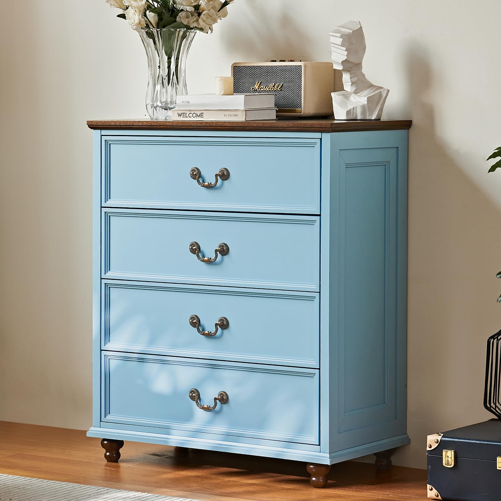 Farmhouse 5 Drawer Dresser for Bedroom, 45" Tall Rustic Chests of Drawers w/ 4 Solid Wood Feet, Mid Century Modern Wooden Closet Storage Dressers Organizer for Living Room, Hallway, Navy Blue