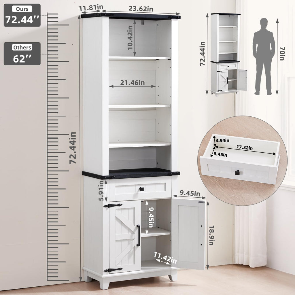 Tall white bookcase with adjustable shelves, drawer base, and barn door panels