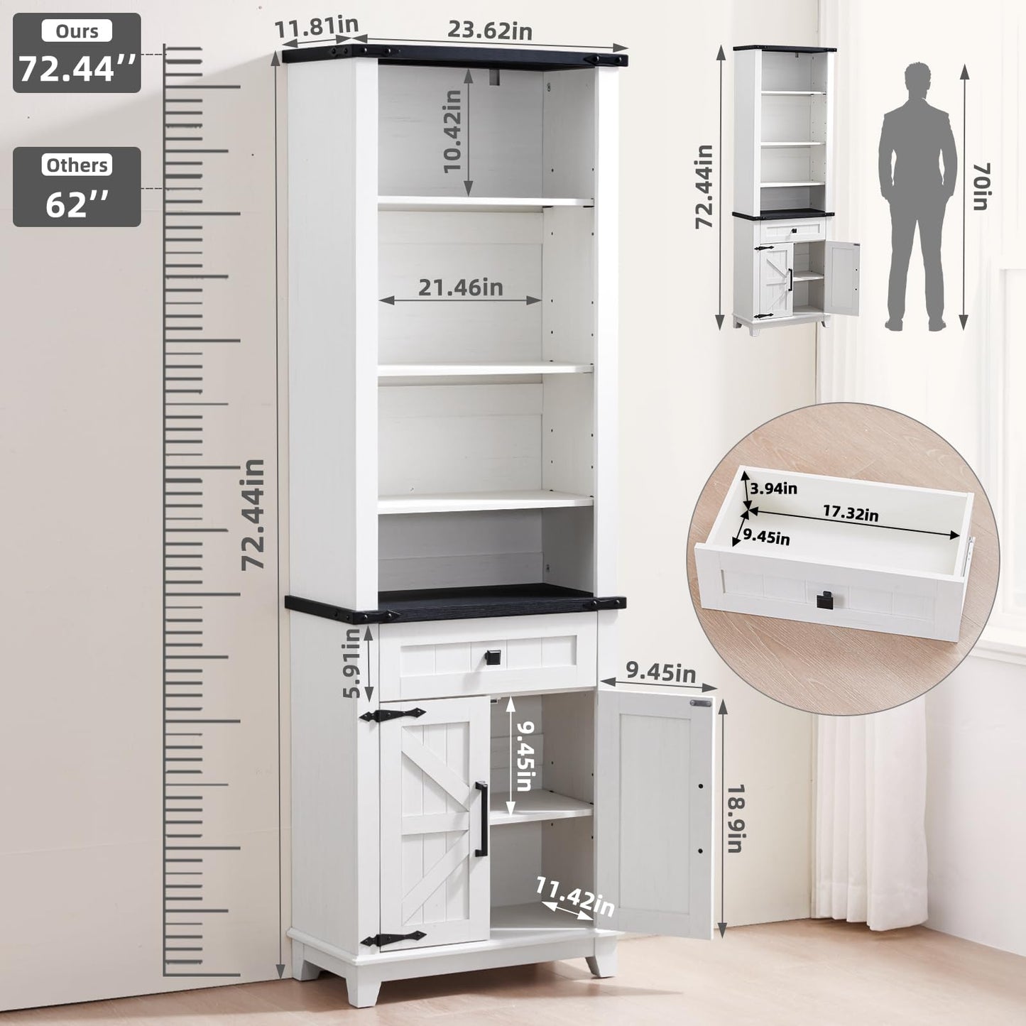 Gray 7-tier bookcase with open shelves, bottom drawer, barn-style door