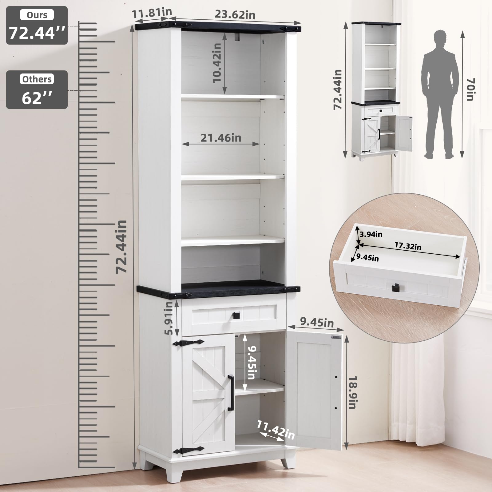 Tall white bookcase with adjustable shelves, drawer base, and barn door panels