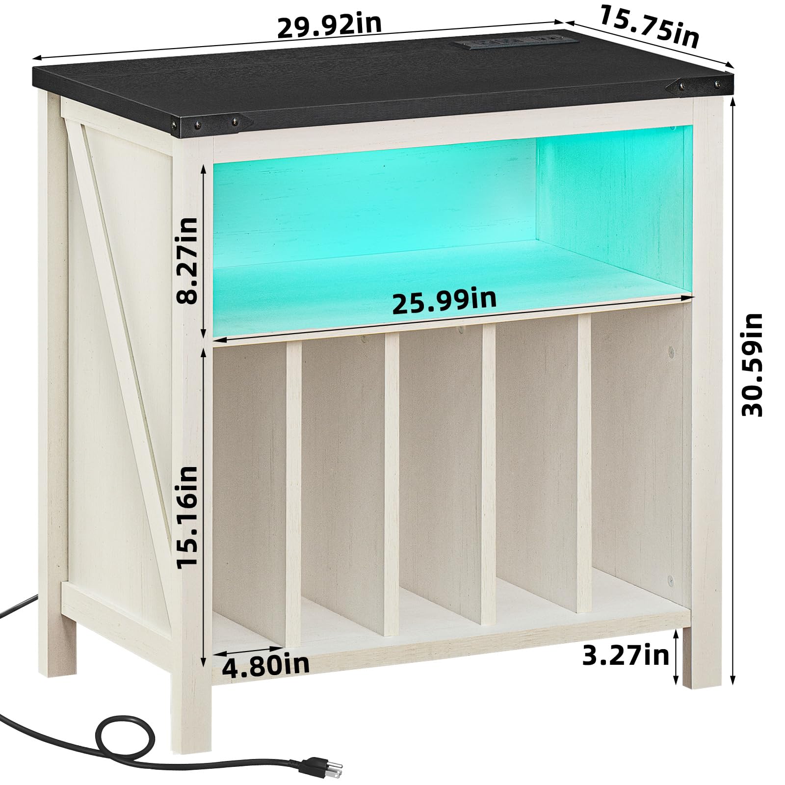 White record player stand dimensions with open shelf and blue LED interior panel