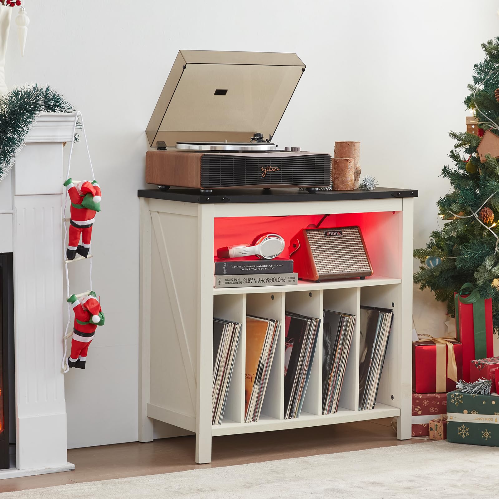 White record player stand cabinet with red LED storage and open shelves for vinyl records