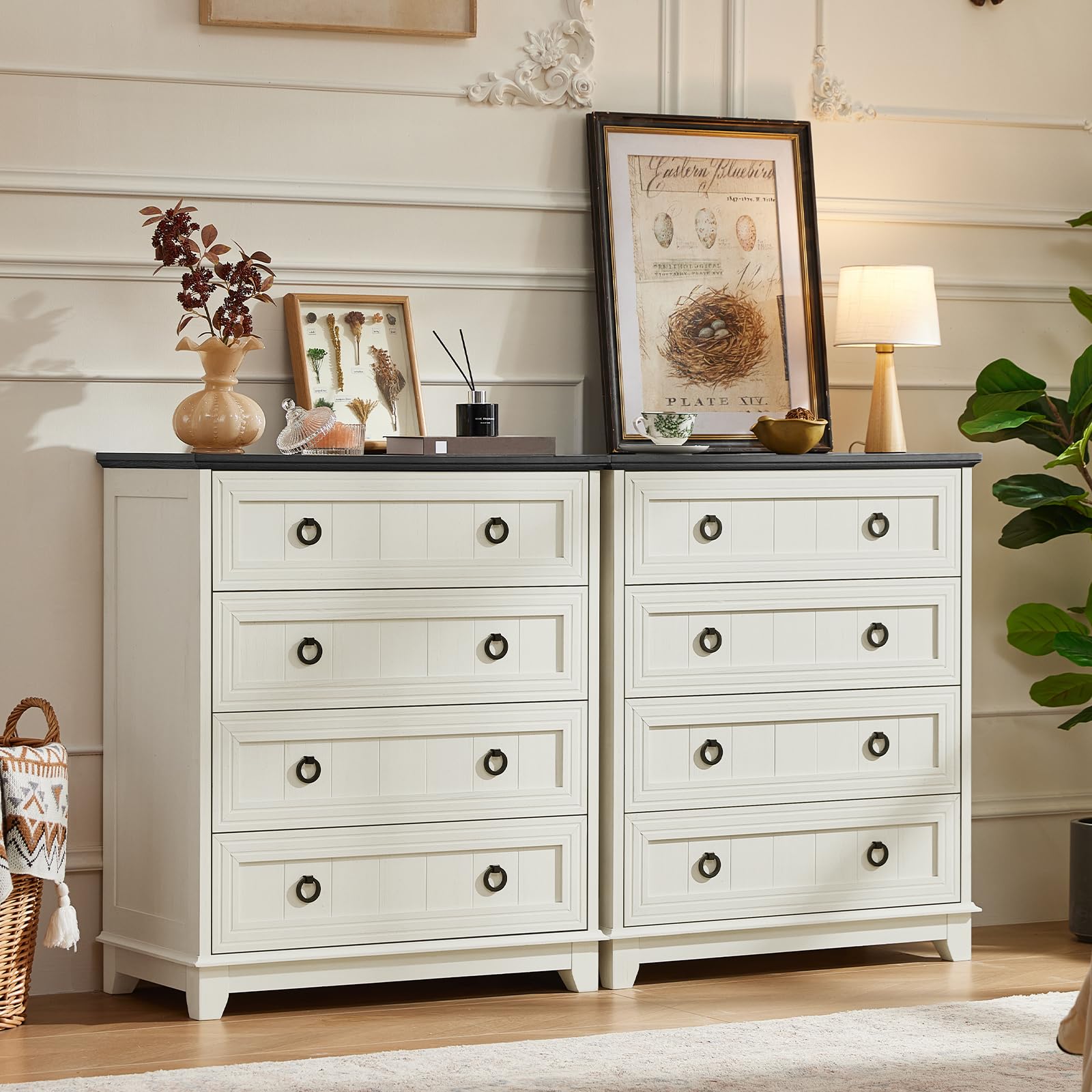 White farmhouse dresser with multiple drawers and round metal drawer pulls
