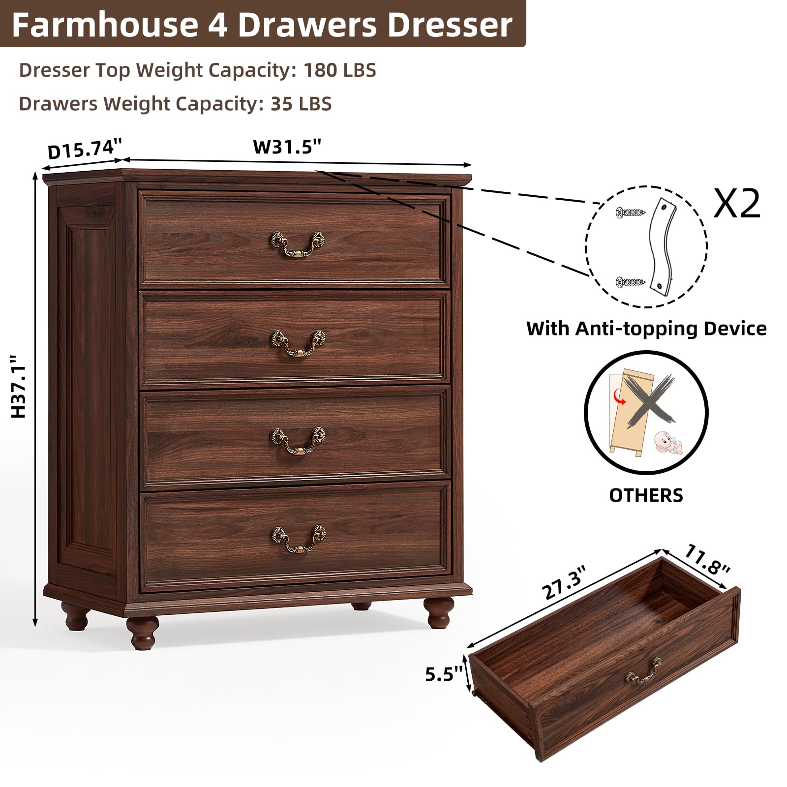 Brown wooden dresser with four drawers, size diagram, and anti-tipping protection